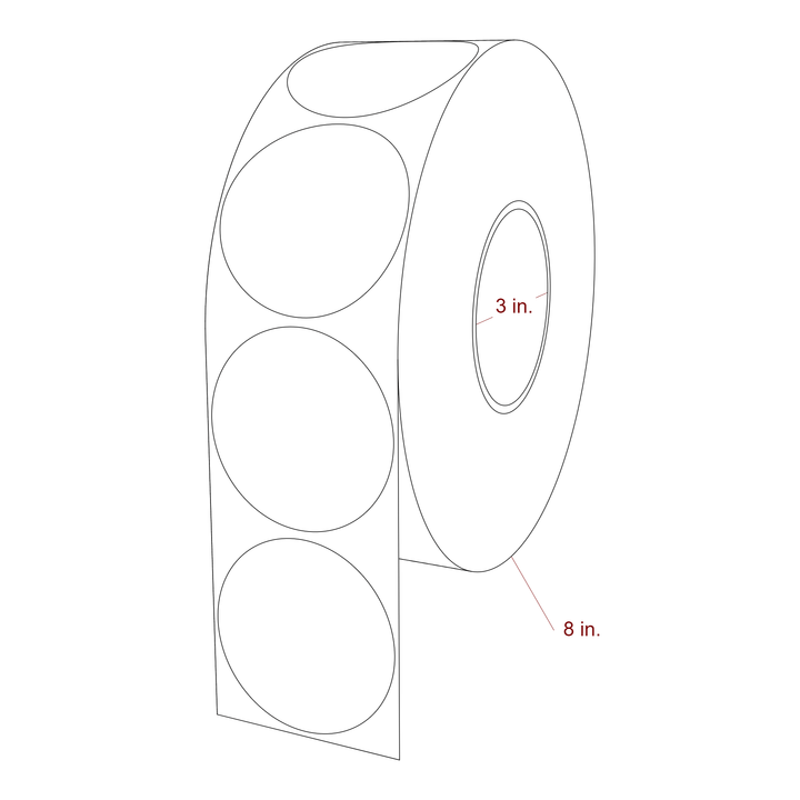 2.75 Inch Diameter Circle Inkjet Labels Roll - 3 Inch Core - 8 Inch Roll OD - 3D Perspective
