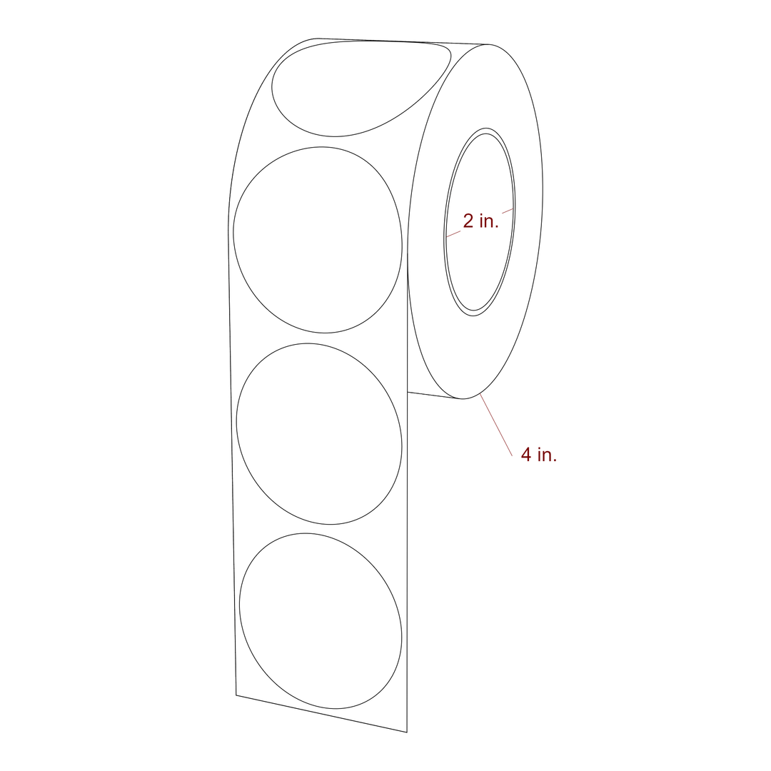 2 Inch Diameter Circle Inkjet Labels Roll - 2 Inch Core - 4 Inch Roll OD - 3D Perspective