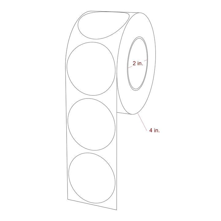 2 Inch Diameter Circle Inkjet Labels Roll - 2 Inch Core - 4 Inch Roll OD - 3D Perspective