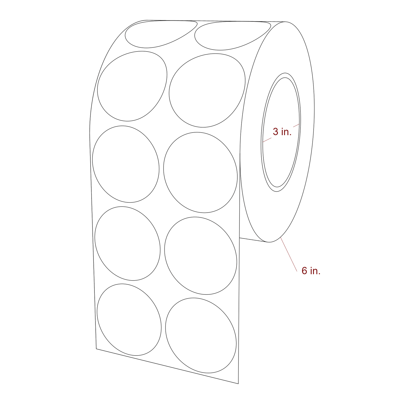 2 Inch Diameter Circle Inkjet Labels Roll - 3 Inch Core - 6 Inch Roll OD - 2Up - 3D Perspective