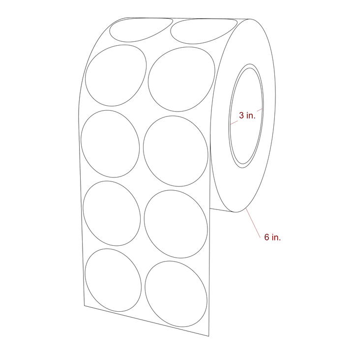 2 Inch Diameter Circle Inkjet Labels Roll - 3 Inch Core - 6 Inch Roll OD - 2Up - 3D Perspective