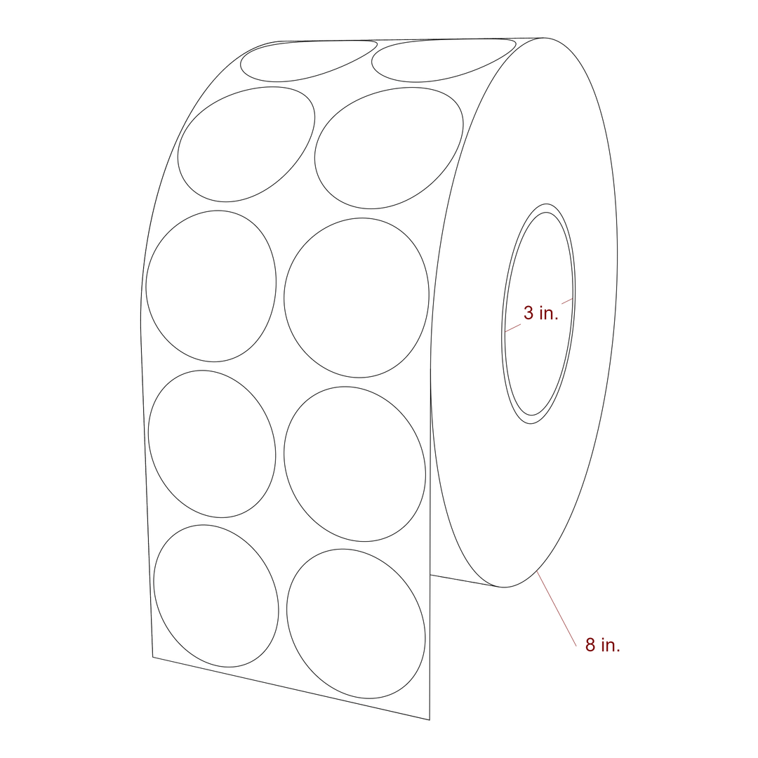 2 Inch Diameter Circle Inkjet Labels Roll - 3 Inch Core - 8 Inch Roll OD - 2Up - 3D Perspective