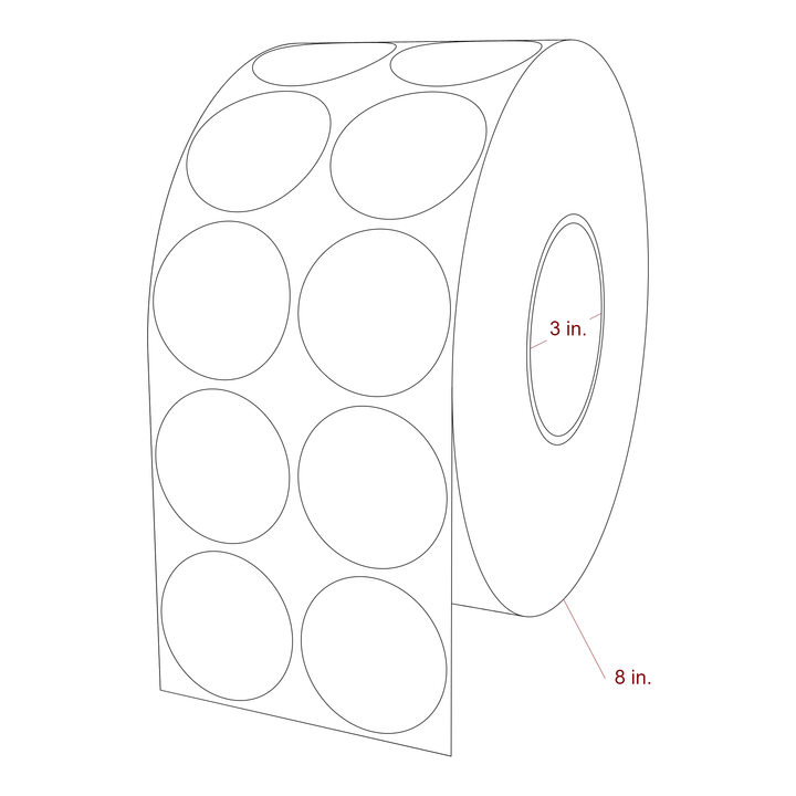 2 Inch Diameter Circle Inkjet Labels Roll - 3 Inch Core - 8 Inch Roll OD - 2Up - 3D Perspective