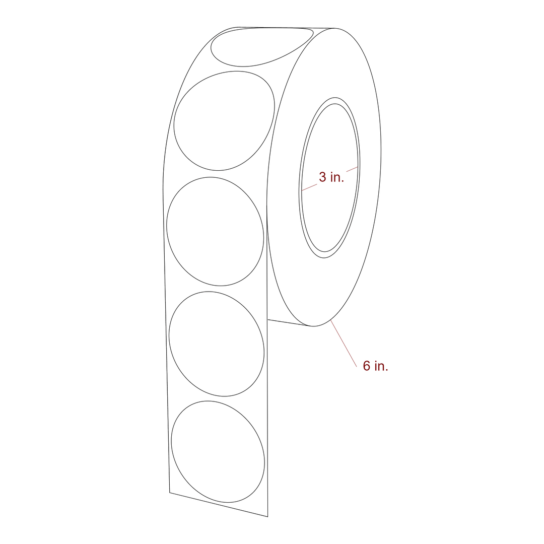 2 Inch Diameter Circle Inkjet Labels Roll - 3 Inch Core - 6 Inch Roll OD - 3D Perspective
