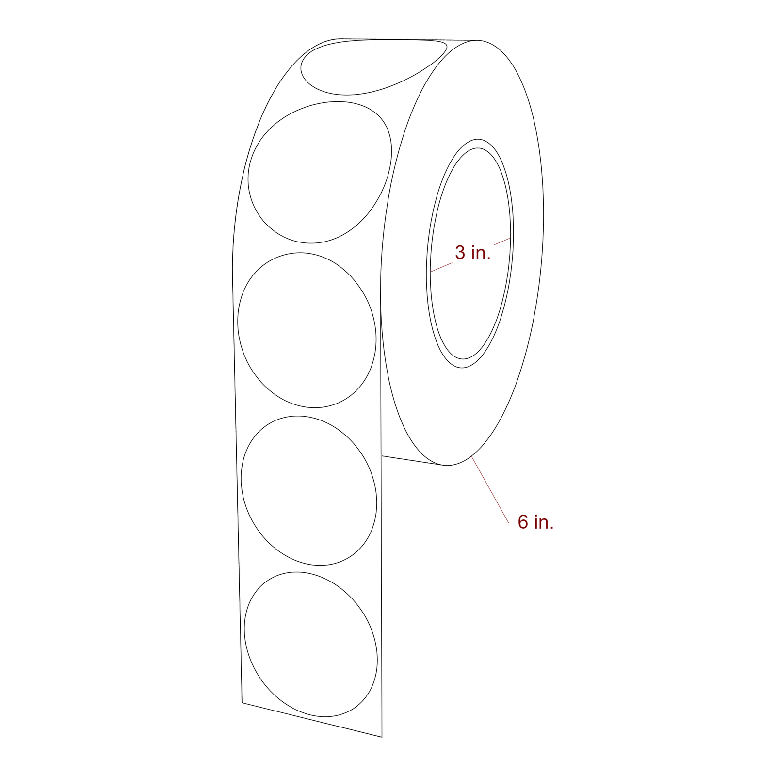 2 Inch Diameter Circle Inkjet Labels Roll - 3 Inch Core - 6 Inch Roll OD - 3D Perspective
