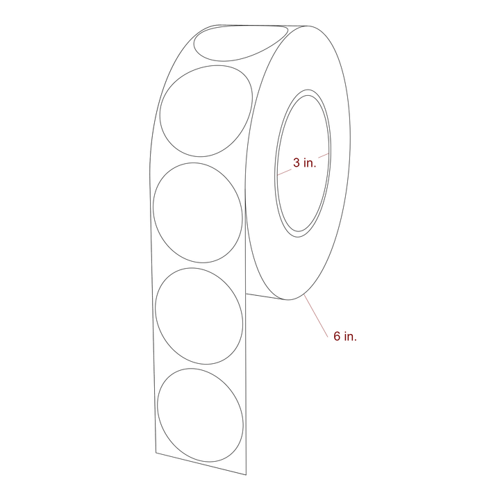 2 Inch Diameter Circle Inkjet Labels Roll - 3 Inch Core - 6 Inch Roll OD - 3D Perspective