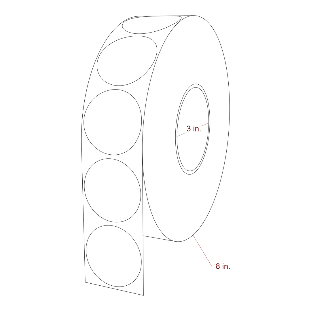 2 Inch Diameter Circle Inkjet Labels Roll - 3 Inch Core - 8 Inch Roll OD - 3D Perspective