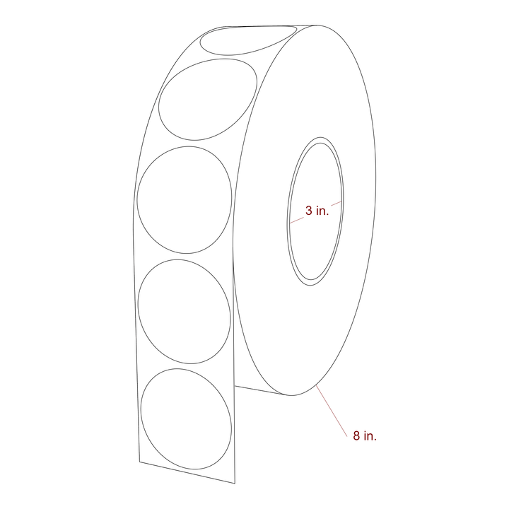 2 Inch Diameter Circle Inkjet Labels Roll - 3 Inch Core - 8 Inch Roll OD - 3D Perspective