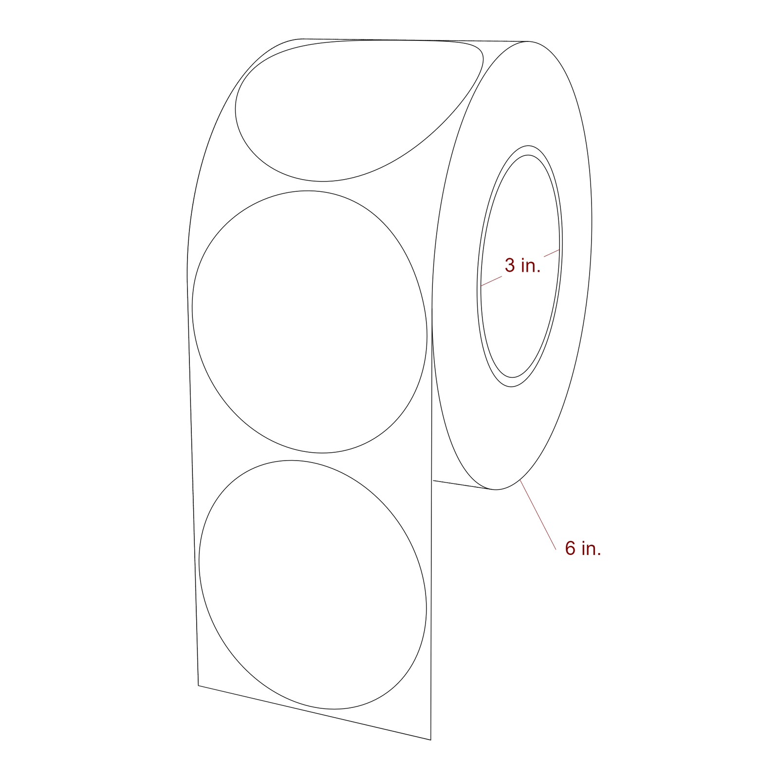 3.25 Inch Diameter Circle Inkjet Labels Roll - 3 Inch Core - 6 Inch Roll OD - 3D Perspective