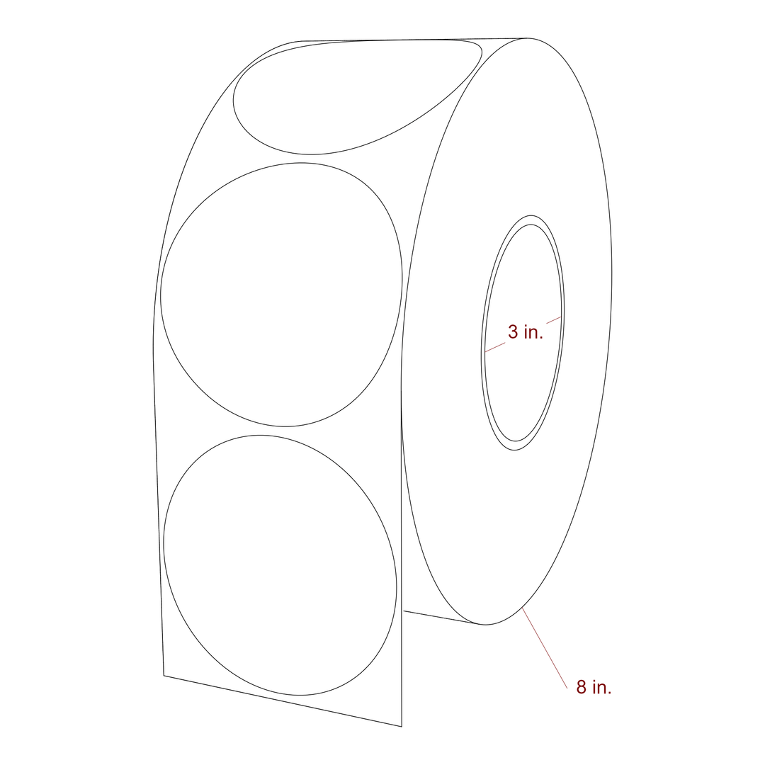 3.25 Inch Diameter Circle Inkjet Labels Roll - 3 Inch Core - 8 Inch Roll OD - 3D Perspective
