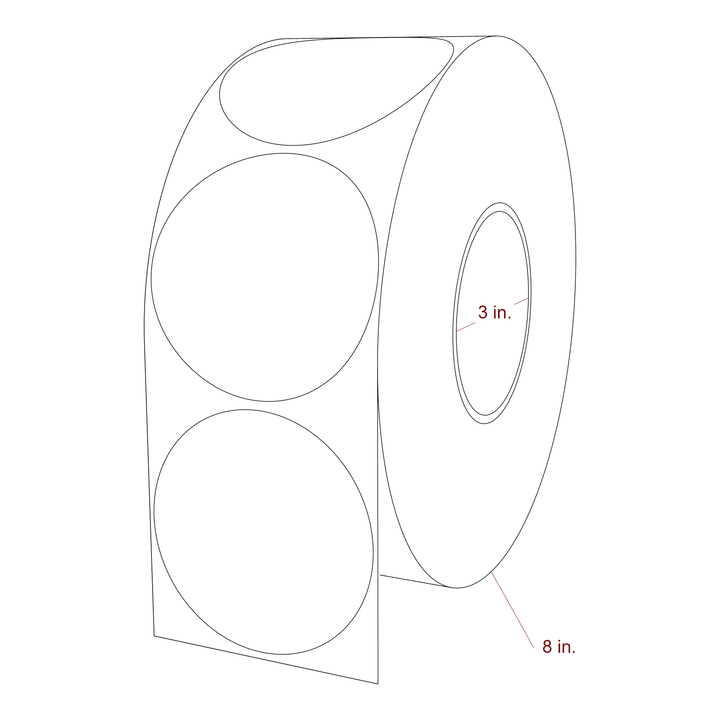 3.25 Inch Diameter Circle Inkjet Labels Roll - 3 Inch Core - 8 Inch Roll OD - 3D Perspective
