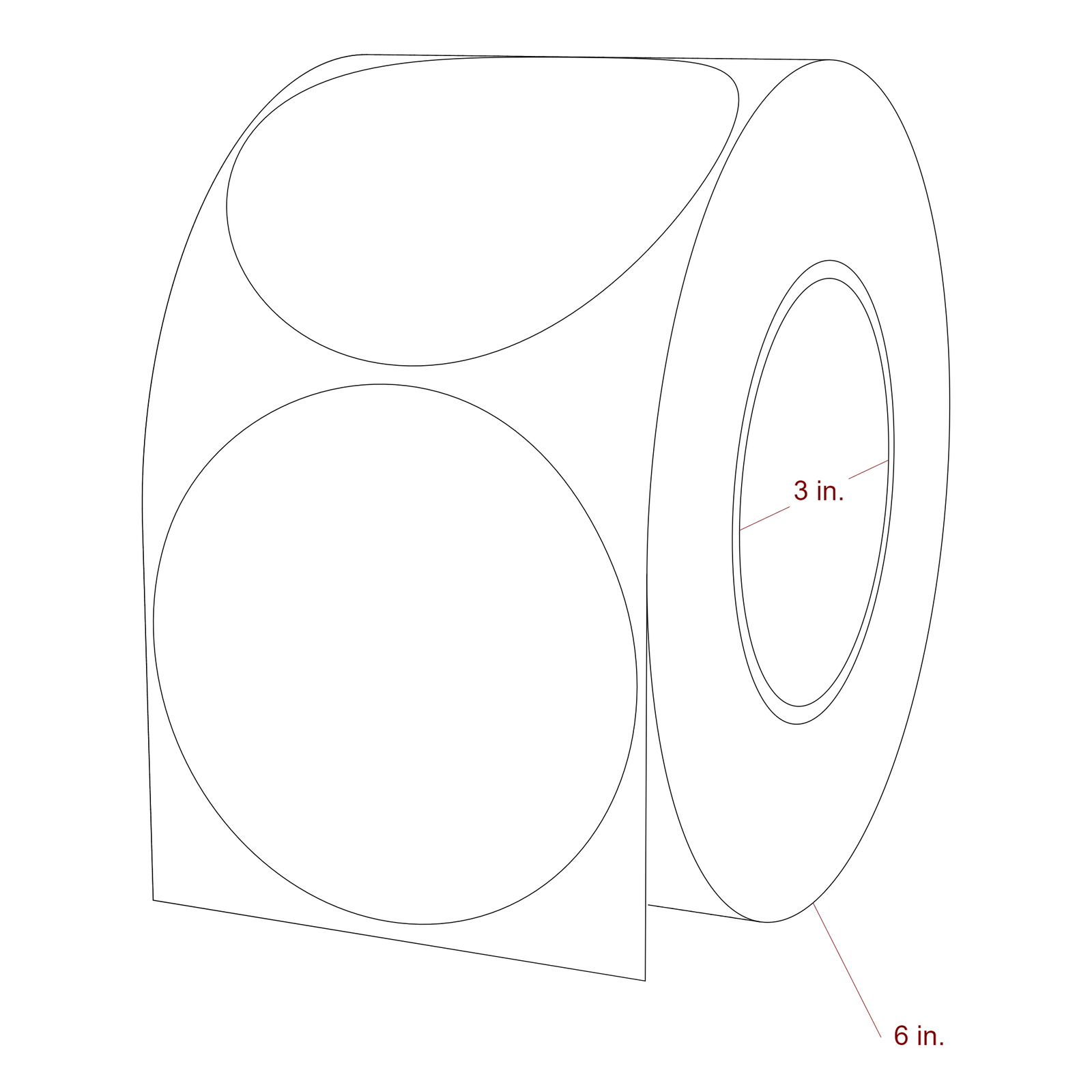 3.5 Inch Diameter Circle Inkjet Labels Roll - 3 Inch Core - 6 Inch Roll OD - 3D Perspective