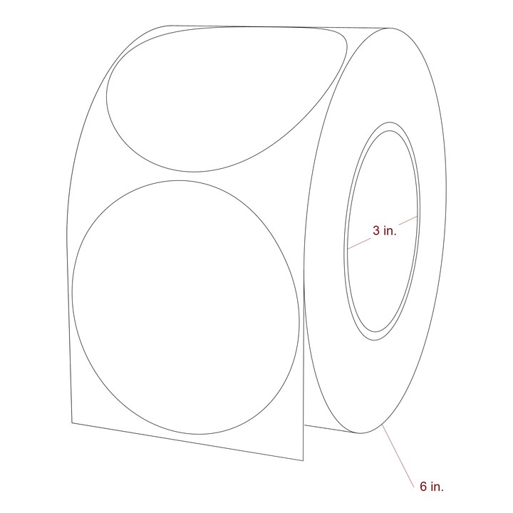 3.5 Inch Diameter Circle Inkjet Labels Roll - 3 Inch Core - 6 Inch Roll OD - 3D Perspective