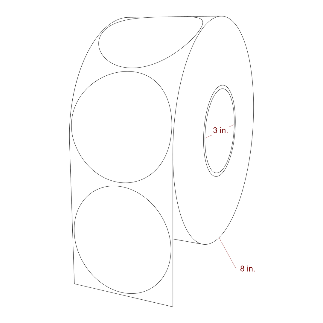 3.5 Inch Diameter Circle Inkjet Labels Roll - 3 Inch Core - 8 Inch Roll OD - 3D Perspective