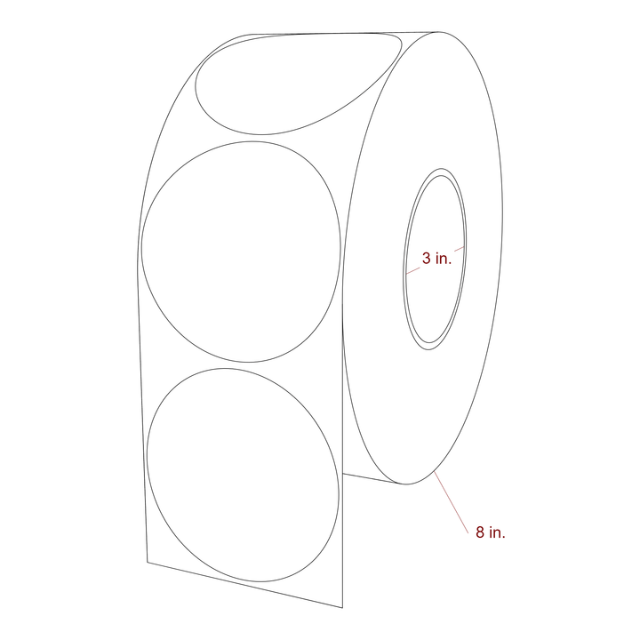 3.5 Inch Diameter Circle Inkjet Labels Roll - 3 Inch Core - 8 Inch Roll OD - 3D Perspective