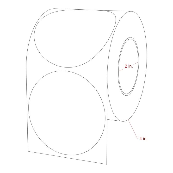 3 Inch Diameter Circle Inkjet Labels Roll - 2 Inch Core - 4 Inch Roll OD - 3D Perspective