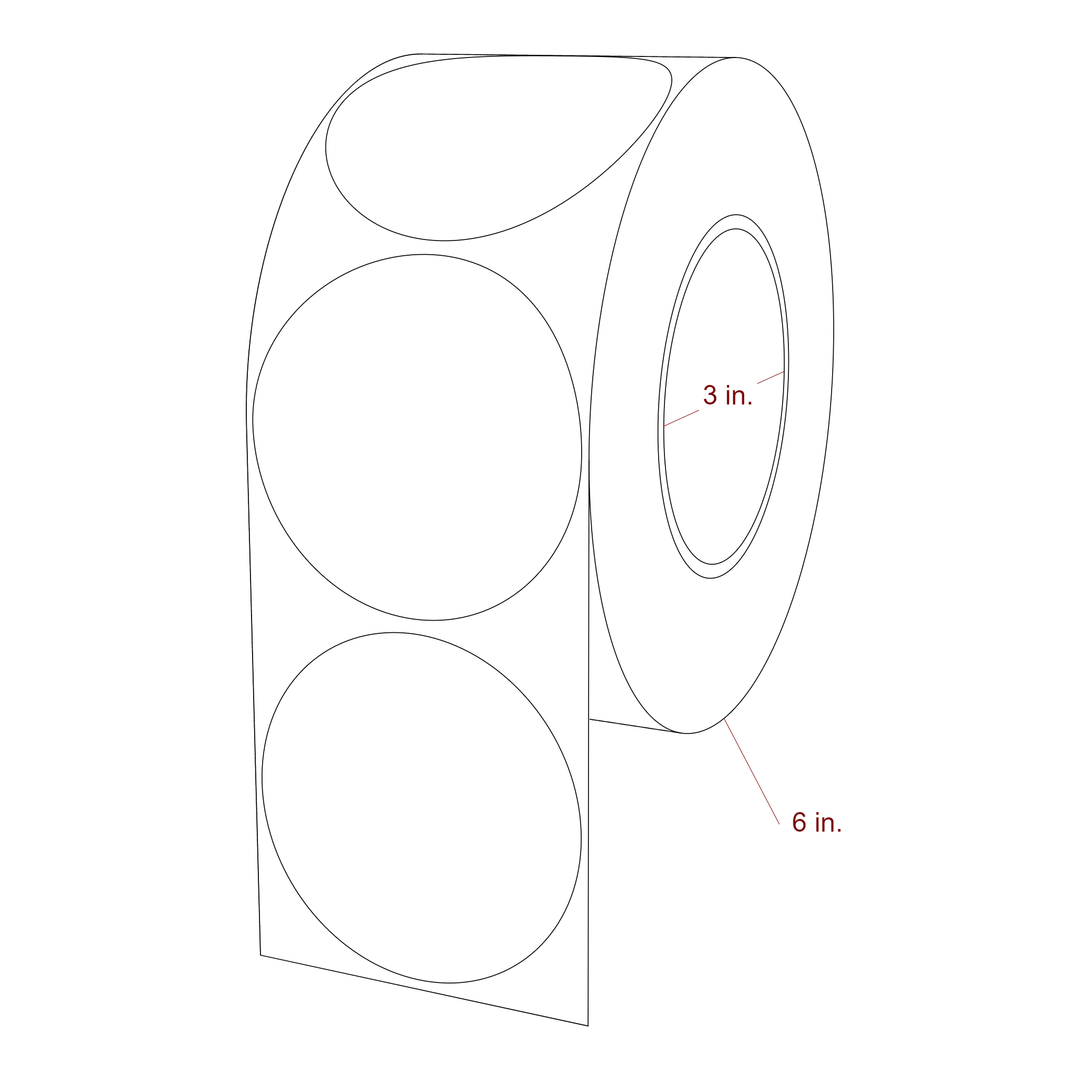 3 Inch Diameter Circle Inkjet Labels Roll - 3 Inch Core - 6 Inch Roll OD - 3D Perspective