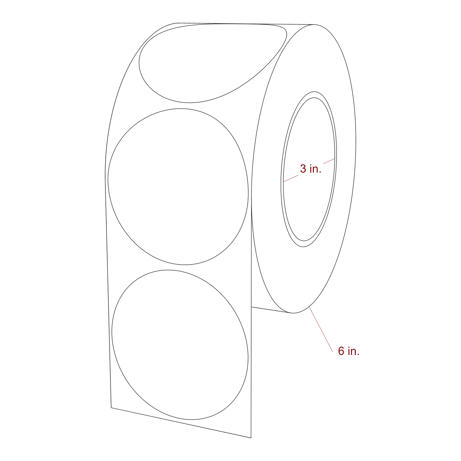 3 Inch Diameter Circle Inkjet Labels Roll - 3 Inch Core - 6 Inch Roll OD - 3D Perspective