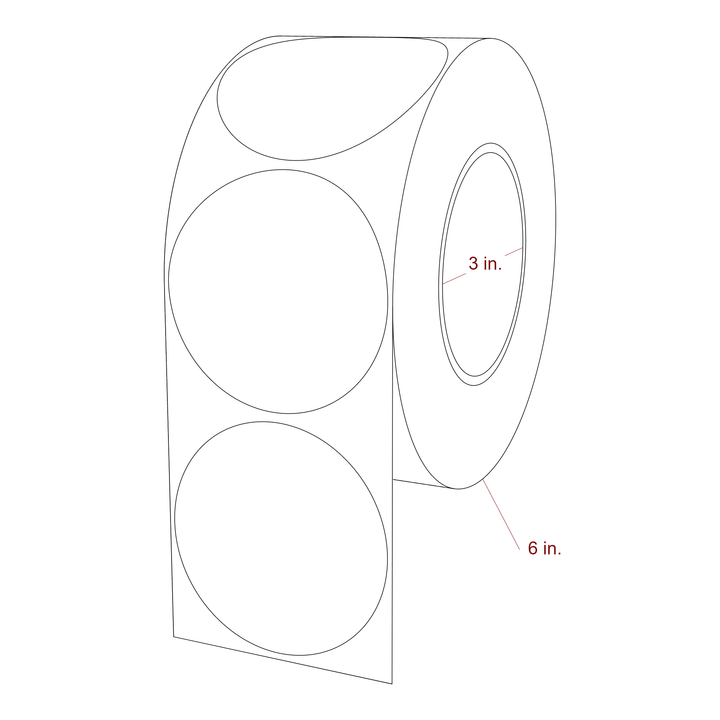 3 Inch Diameter Circle Inkjet Labels Roll - 3 Inch Core - 6 Inch Roll OD - 3D Perspective