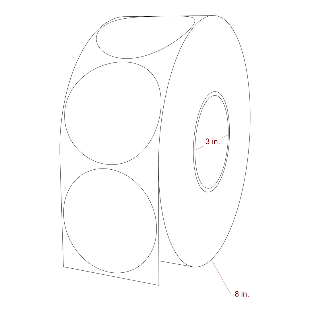 3 Inch Diameter Circle Inkjet Labels Roll - 3 Inch Core - 8 Inch Roll OD - 3D Perspective