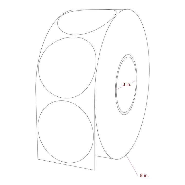 3 Inch Diameter Circle Inkjet Labels Roll - 3 Inch Core - 8 Inch Roll OD - 3D Perspective