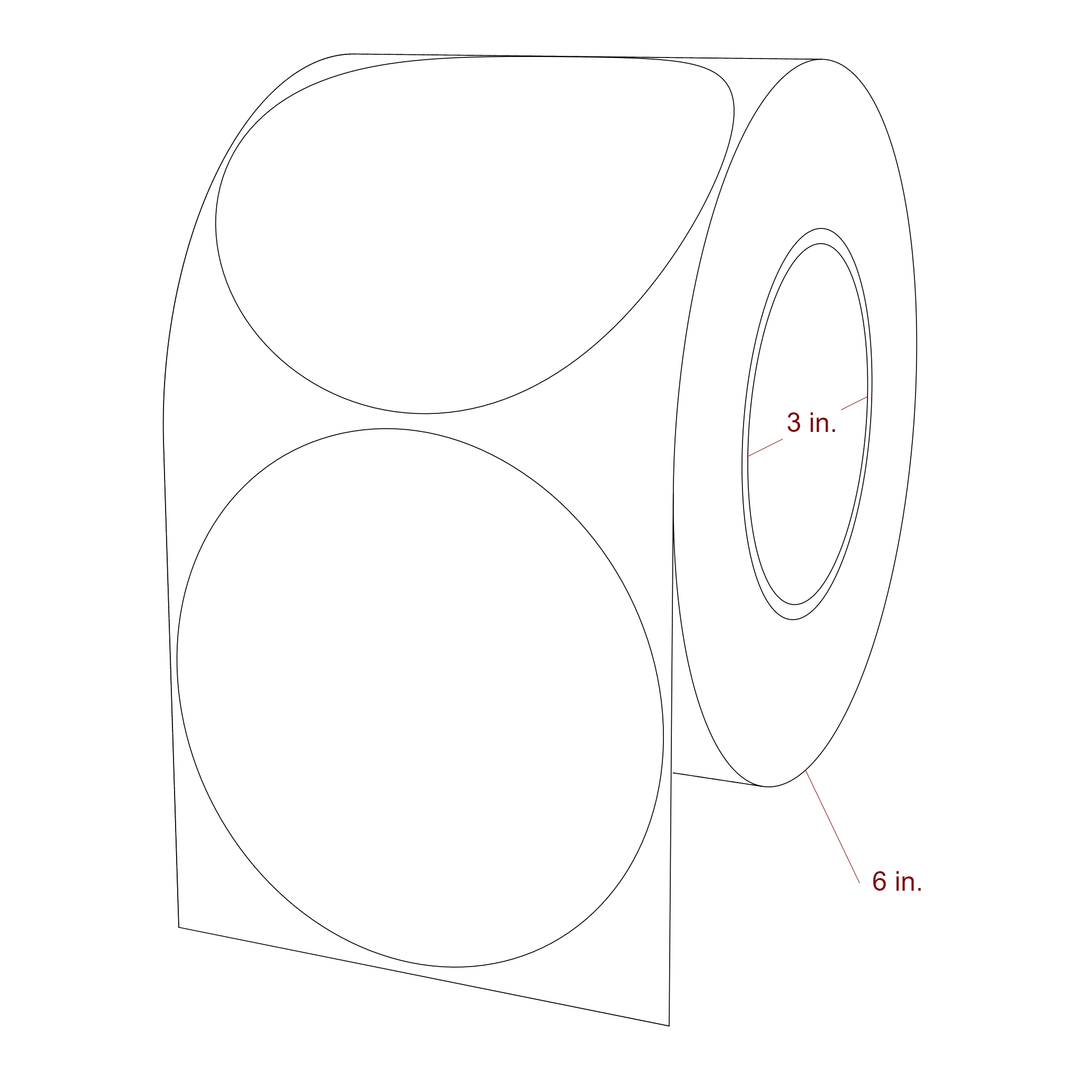 4.25 Inch Diameter Circle Inkjet Labels Roll - 3 Inch Core - 6 Inch Roll OD - 3D Perspective