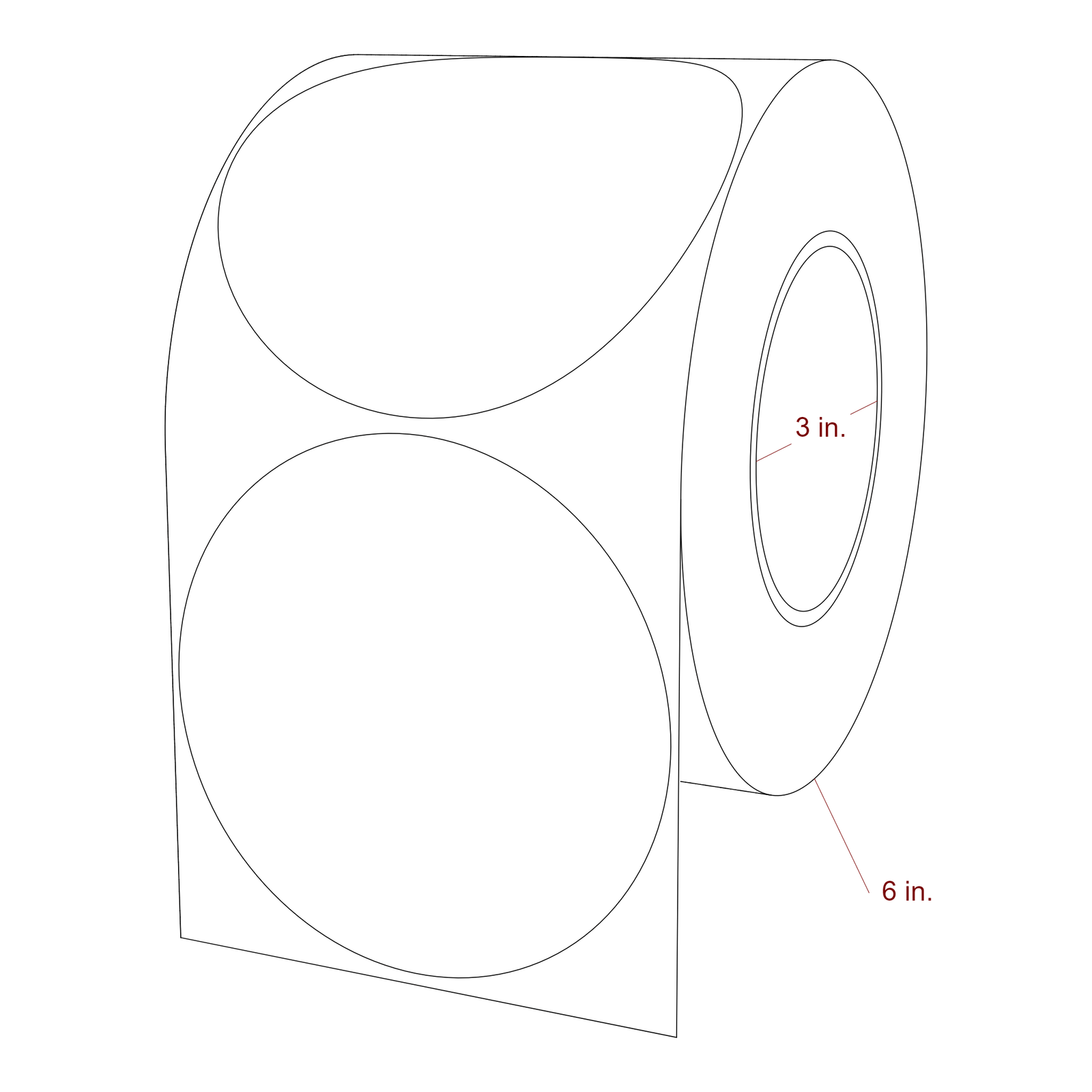 4.25 Inch Diameter Circle Inkjet Labels Roll - 3 Inch Core - 6 Inch Roll OD - 3D Perspective