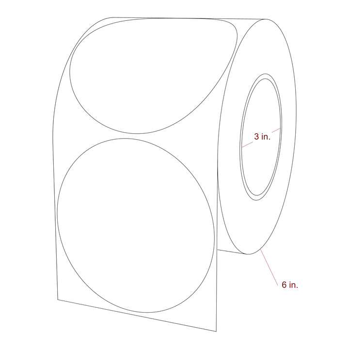 4.25 Inch Diameter Circle Inkjet Labels Roll - 3 Inch Core - 6 Inch Roll OD - 3D Perspective