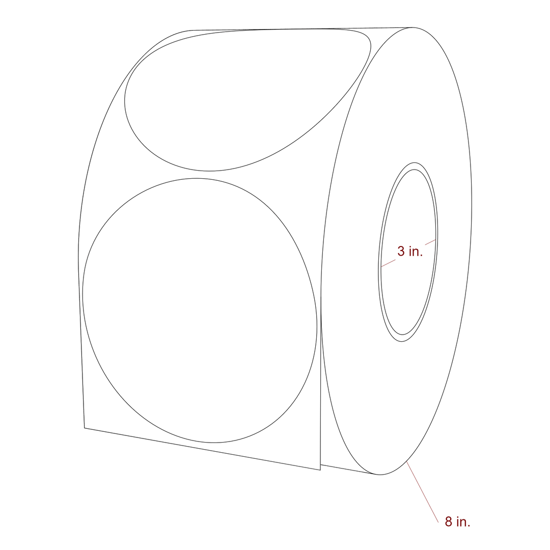 4.25 Inch Diameter Circle Inkjet Labels Roll - 3 Inch Core - 8 Inch Roll OD - 3D Perspective