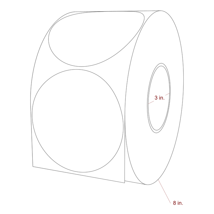4.25 Inch Diameter Circle Inkjet Labels Roll - 3 Inch Core - 8 Inch Roll OD - 3D Perspective