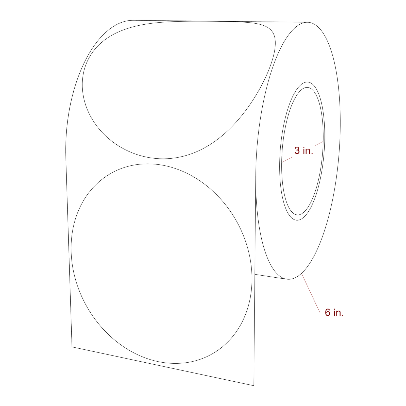 4.5 Inch Diameter Circle Inkjet Labels Roll - 3 Inch Core - 6 Inch Roll OD - 3D Perspective