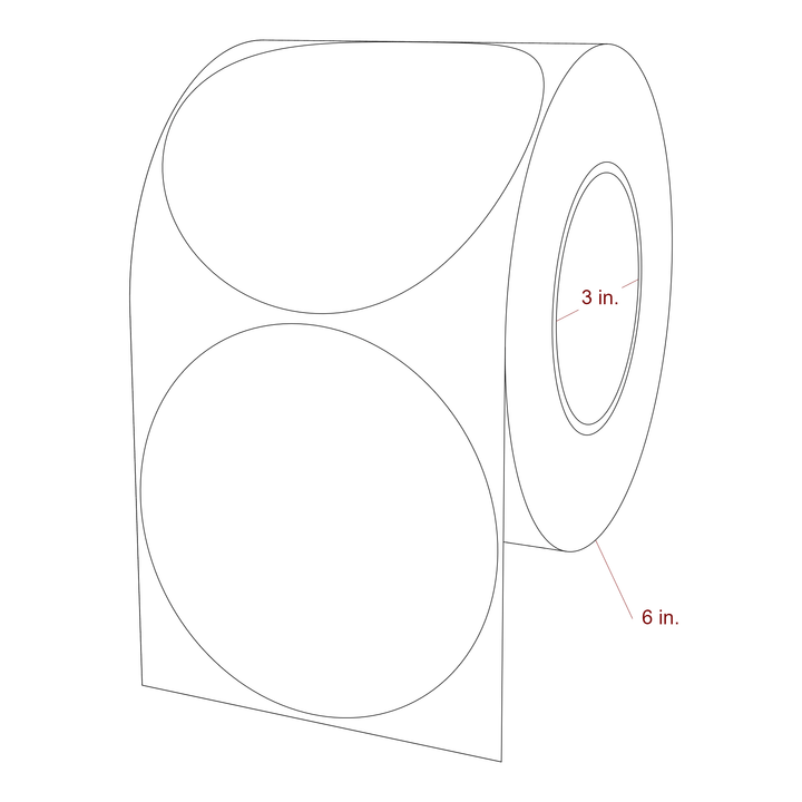 4.5 Inch Diameter Circle Inkjet Labels Roll - 3 Inch Core - 6 Inch Roll OD - 3D Perspective