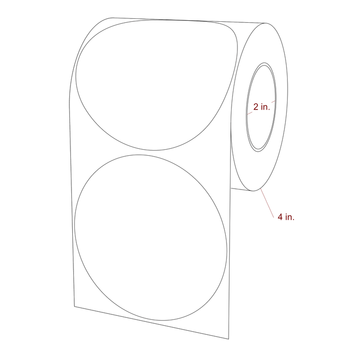 4 Inch Diameter Circle Inkjet Labels Roll - 2 Inch Core - 4 Inch Roll OD - 3D Perspective