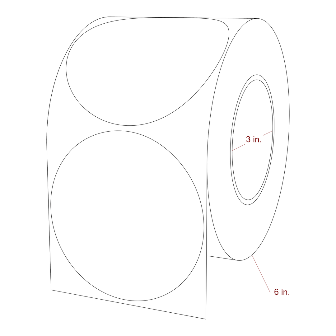 4 Inch Diameter Circle Inkjet Labels Roll - 3 Inch Core - 6 Inch Roll OD - 3D Perspective