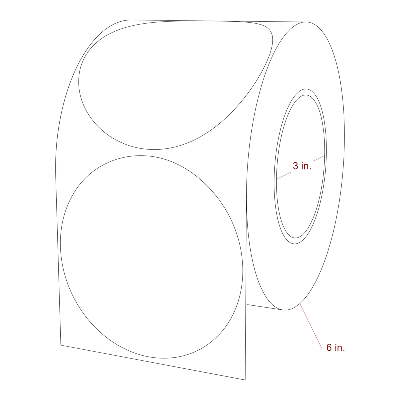 4 Inch Diameter Circle Inkjet Labels Roll - 3 Inch Core - 6 Inch Roll OD - 3D Perspective