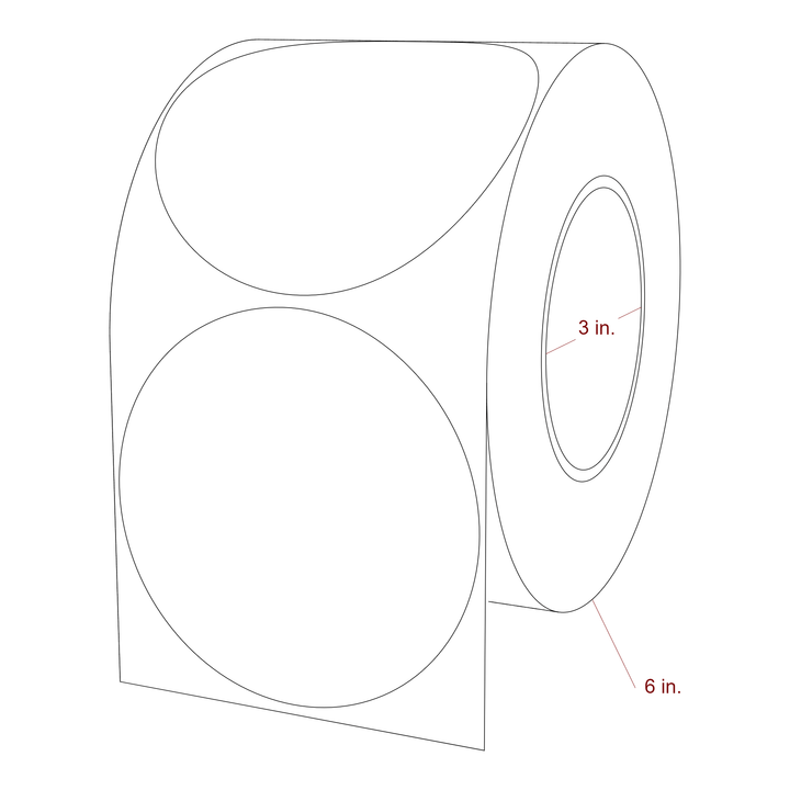 4 Inch Diameter Circle Inkjet Labels Roll - 3 Inch Core - 6 Inch Roll OD - 3D Perspective