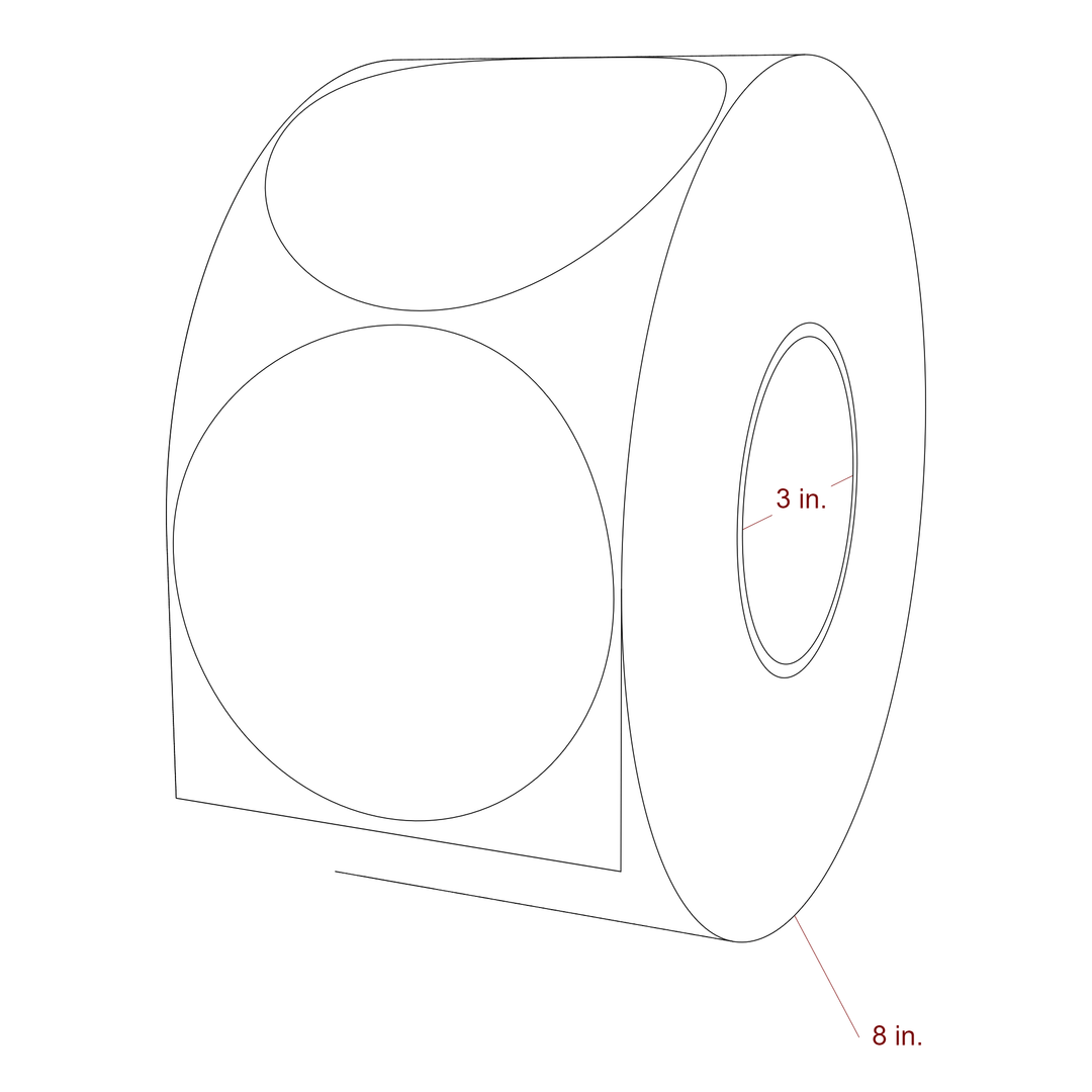 4 Inch Diameter Circle Inkjet Labels Roll - 3 Inch Core - 8 Inch Roll OD - 3D Perspective