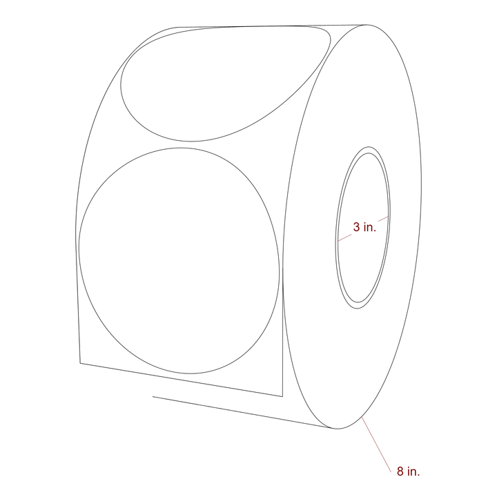 4 Inch Diameter Circle Inkjet Labels Roll - 3 Inch Core - 8 Inch Roll OD - 3D Perspective