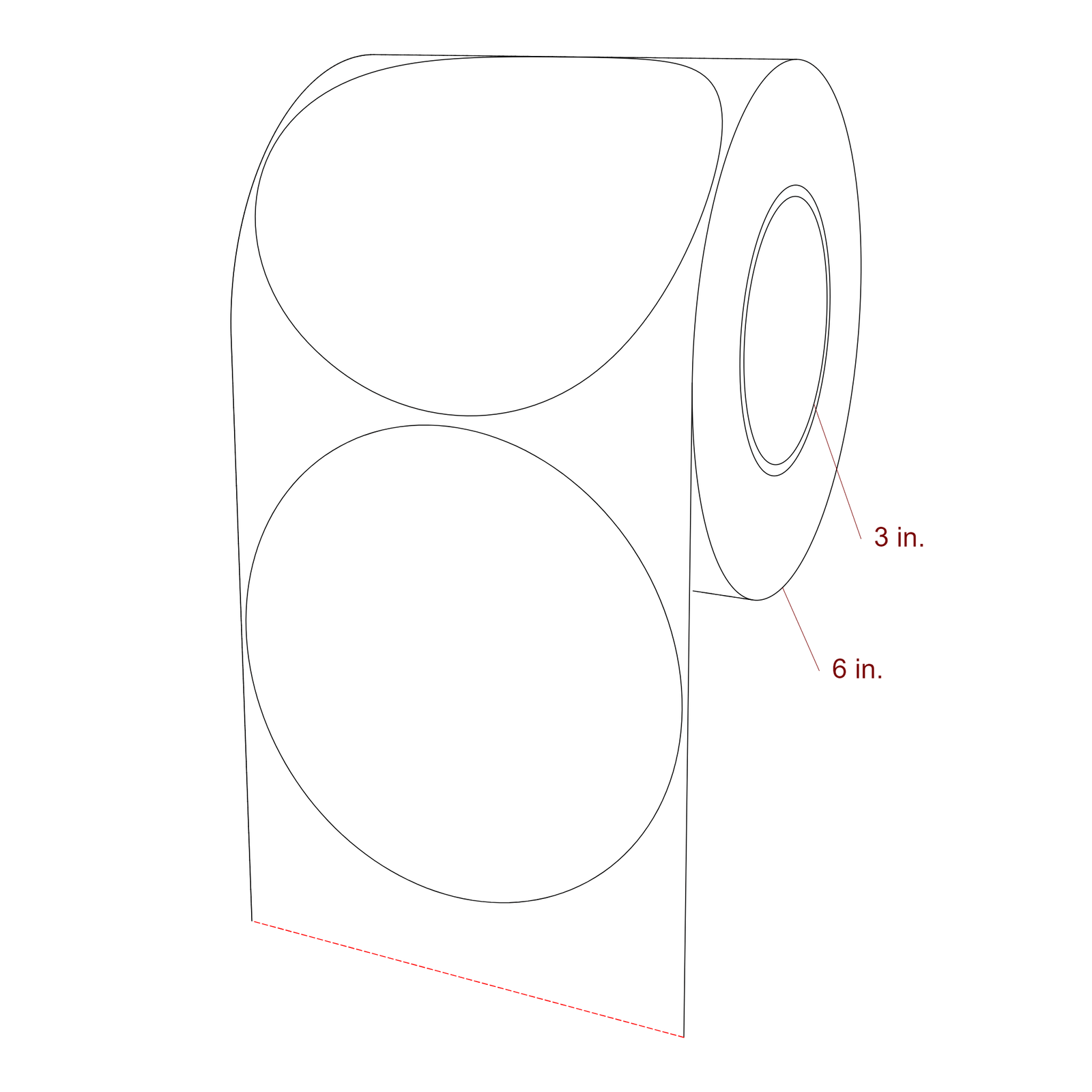 5.25 Inch Diameter Circle Inkjet Labels Roll - 3 Inch Core - 6 Inch Roll OD - 3D Perspective
