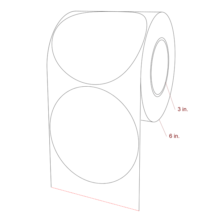 5.25 Inch Diameter Circle Inkjet Labels Roll - 3 Inch Core - 6 Inch Roll OD - 3D Perspective