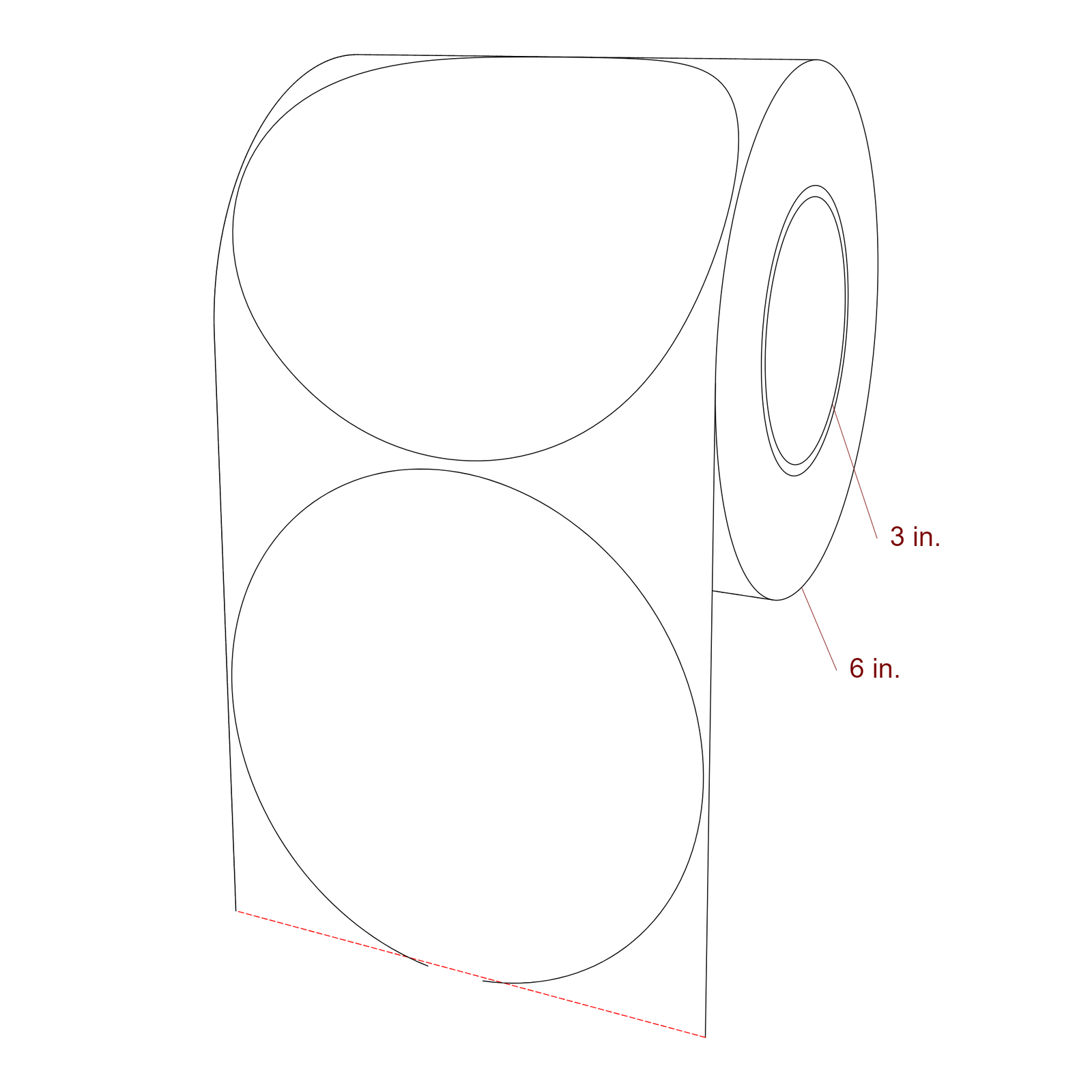 5.75 Inch Diameter Circle Inkjet Labels Roll - 3 Inch Core - 6 Inch Roll OD - 3D Perspective