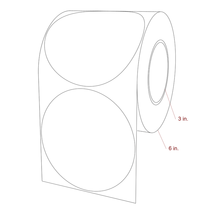 5 Inch Diameter Circle Inkjet Labels Roll - 3 Inch Core - 6 Inch Roll OD - 3D Perspective