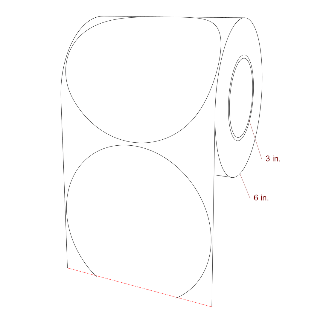 6 Inch Diameter Circle Inkjet Labels Roll - 3 Inch Core - 6 Inch Roll OD - 3D Perspective