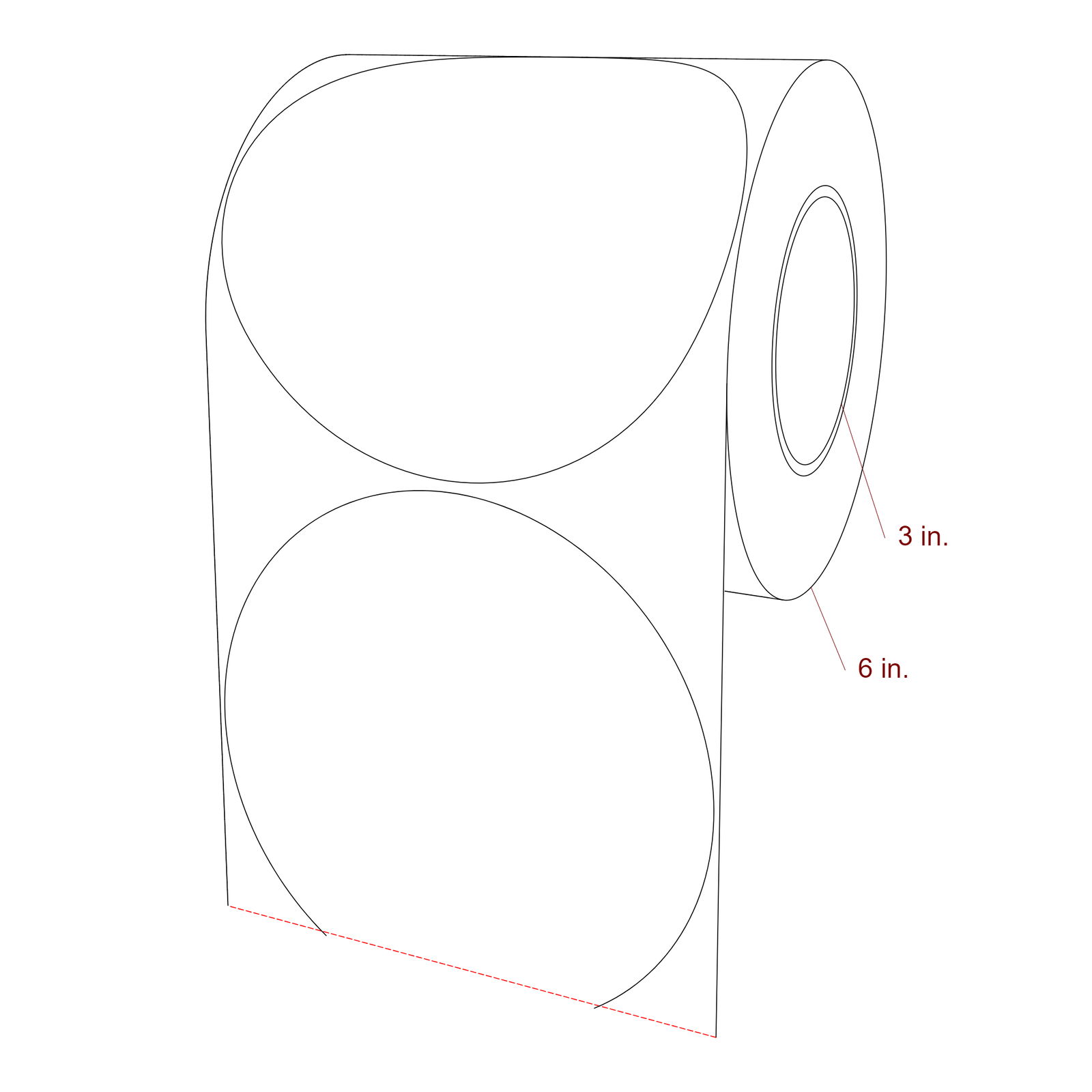 6 Inch Diameter Circle Inkjet Labels Roll - 3 Inch Core - 6 Inch Roll OD - 3D Perspective
