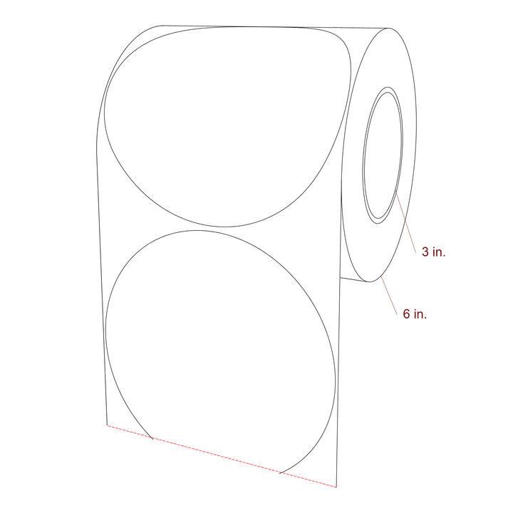 6 Inch Diameter Circle Inkjet Labels Roll - 3 Inch Core - 6 Inch Roll OD - 3D Perspective