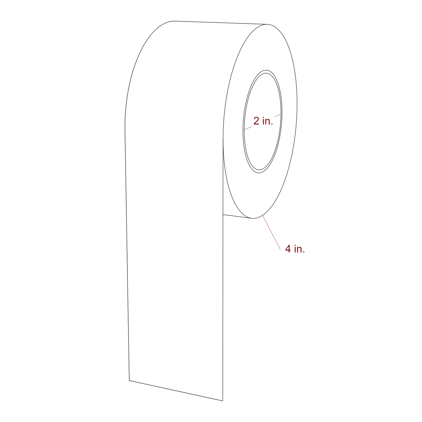 2 Inch Width Continuous Inkjet Label Roll - 2 Inch Core - 4 Inch Roll OD - 3D Perspective