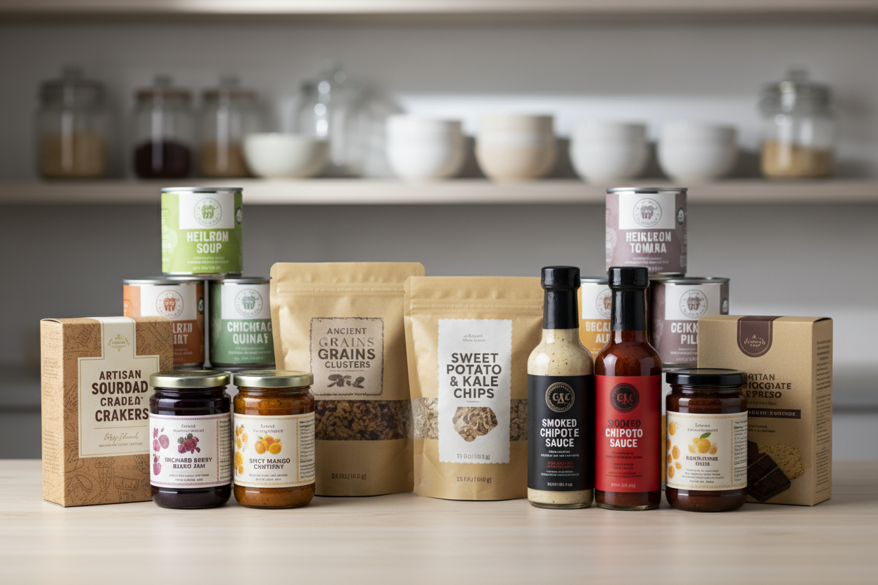 food products with labels on them