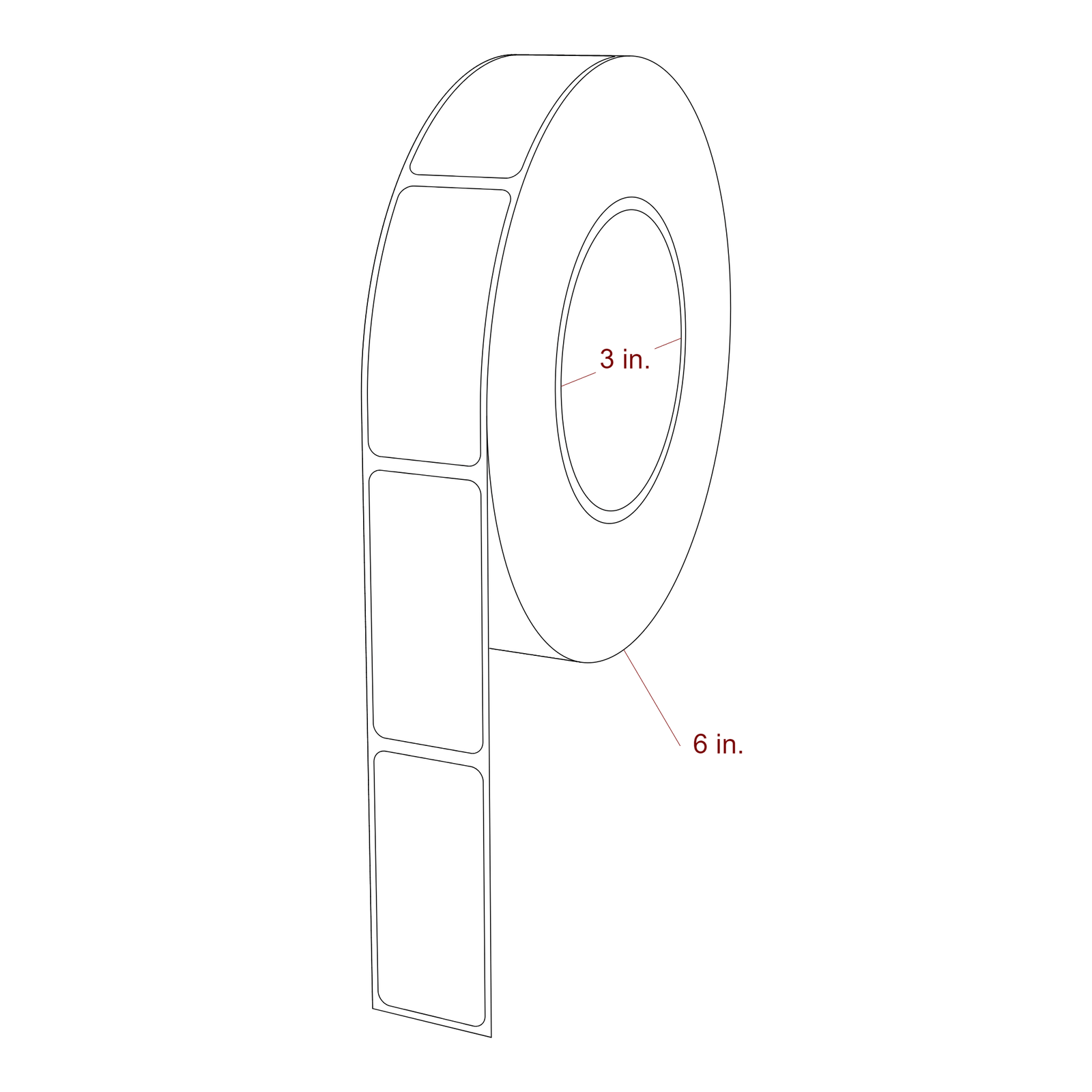 1.125 Inch x 2.5 Inch Rectangle Inkjet Label Roll - 3 Inch Core - 6 Inch Roll OD - 3D Perspective