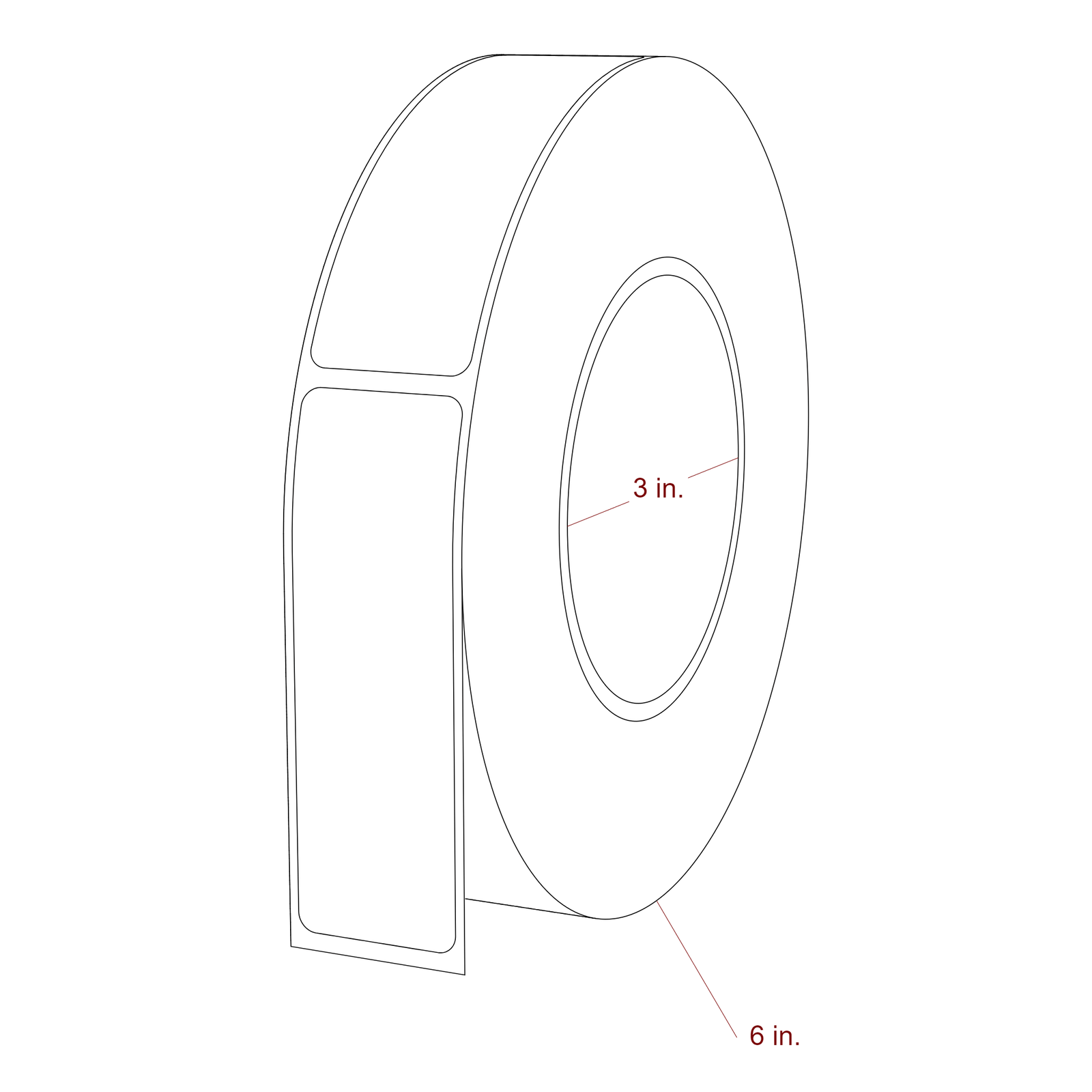 1.125 Inch x 3.5 Inch Rectangle Inkjet Label Roll - 3 Inch Core - 6 Inch Roll OD - 3D Perspective