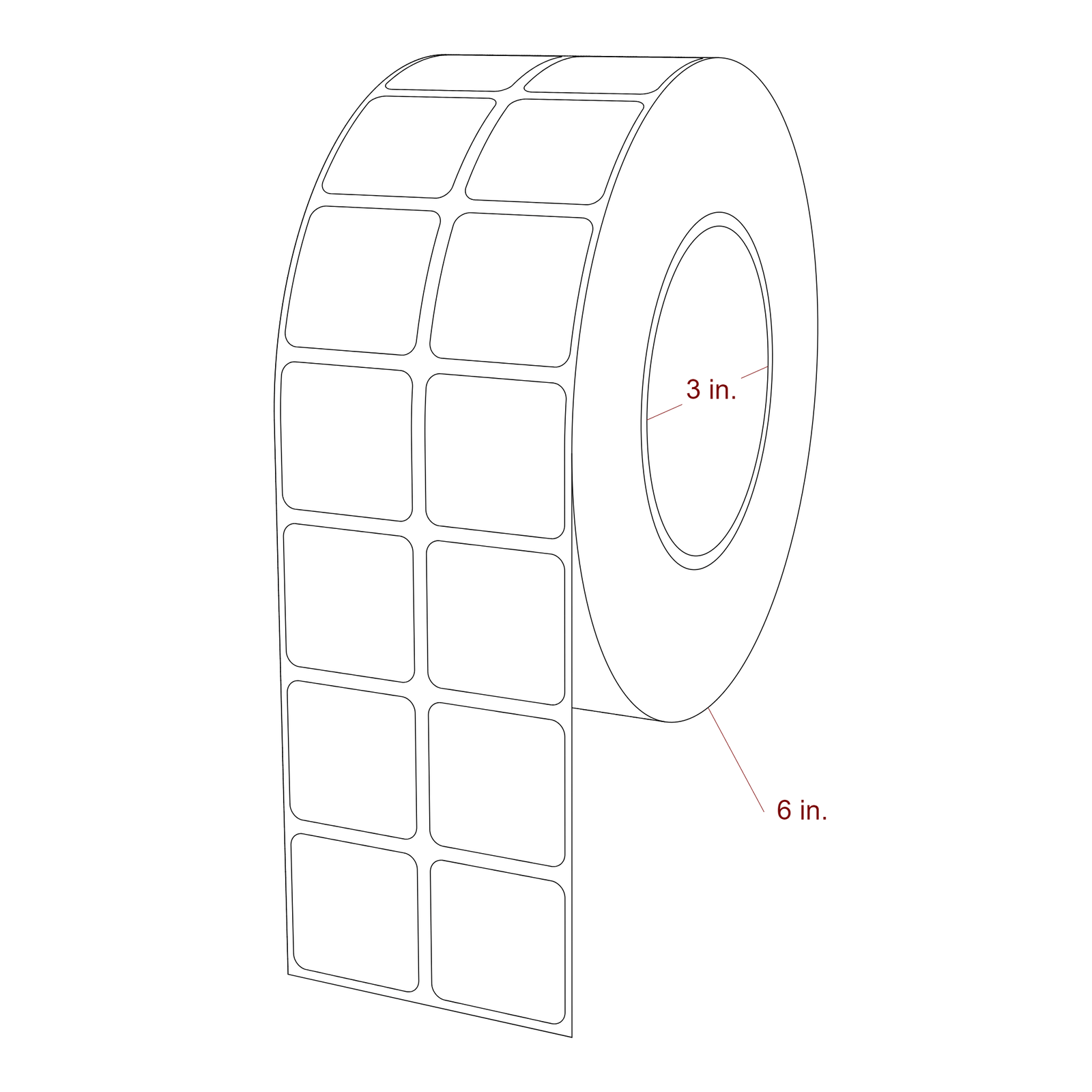 1.25 Inch x 1.25 Inch Rectangle Inkjet Label Roll - 3 Inch Core - 6 Inch Roll OD - 2Up - 3D Perspective